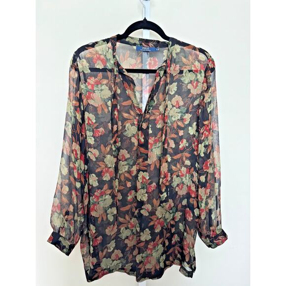 Polo Ralph Lauren Floral Silk Blouse Sheer Chiffon Tunic Length Tie Neck Size 4 - Picture 6 of 11